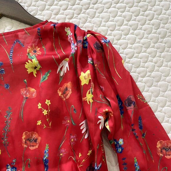 NWOT The Kooples Pleated Red Floral Cropped Top Blouse Size 1 Long Sleeve - Picture 8 of 12